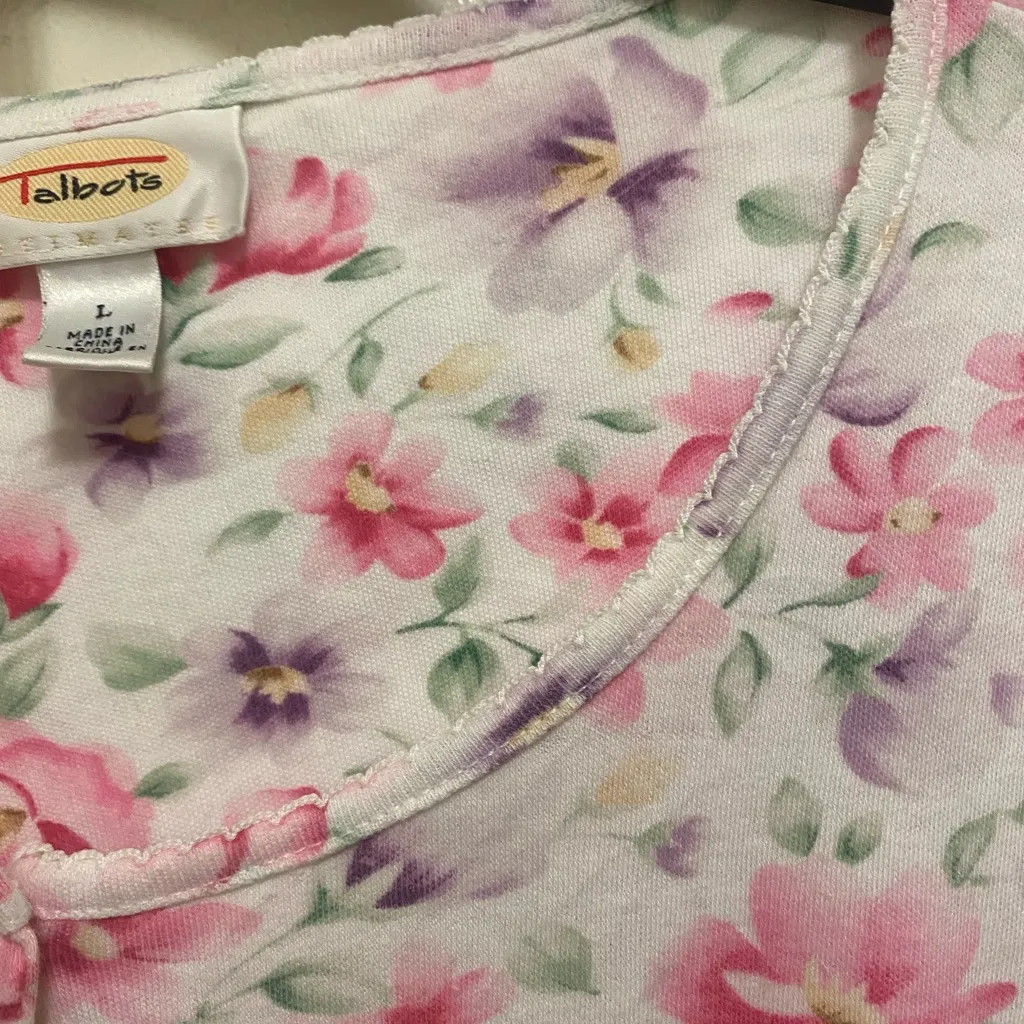Talbots Womens Long Sleeve Pajama Top Shirt L Large Pink Floral Print On White - Image 3