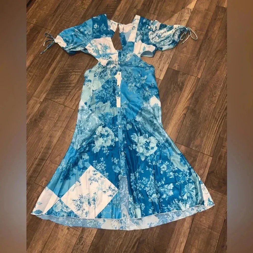 ASOS DESIGN satin midi dress button spring boho cutout in patchwork blue floral - Image 6