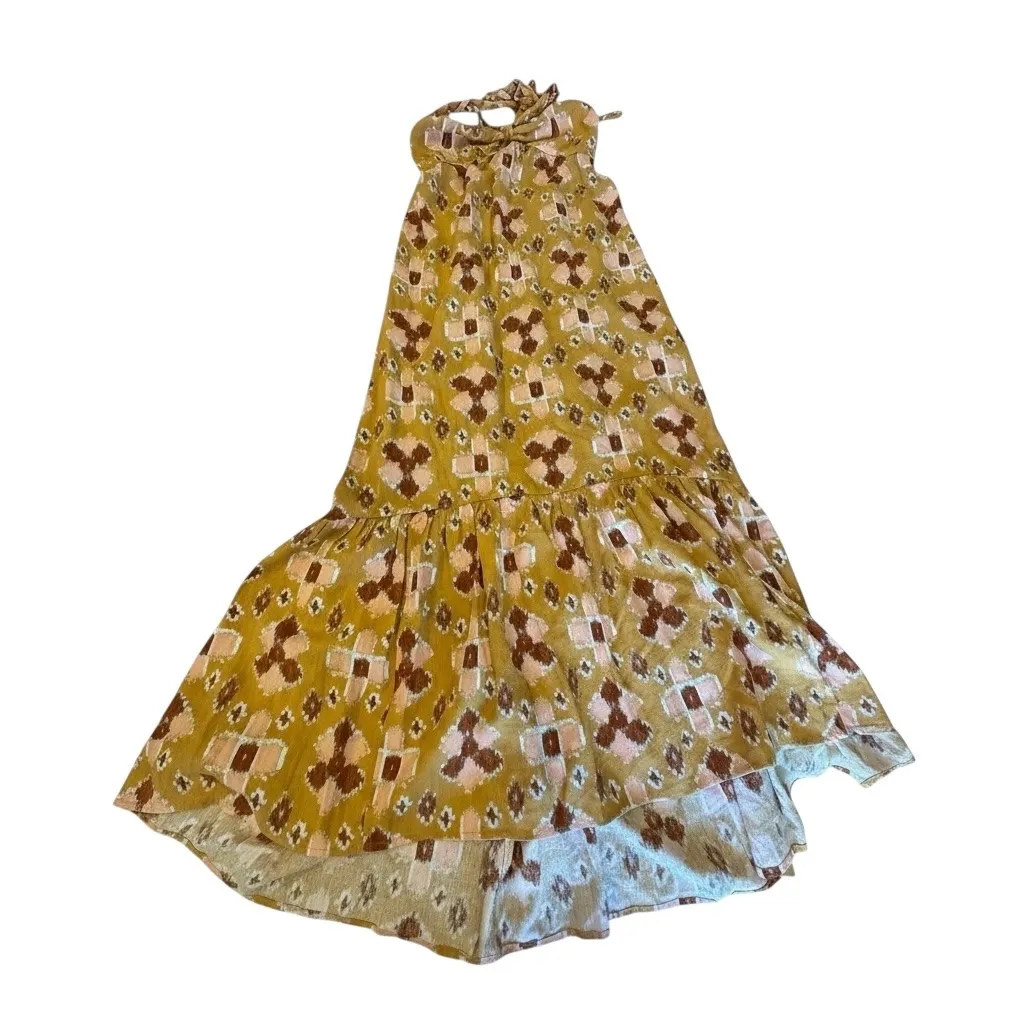 Aerie Mustard Yellow Geometric Print Halter Maxi Dress Tiered High Low Size XS - Image 5