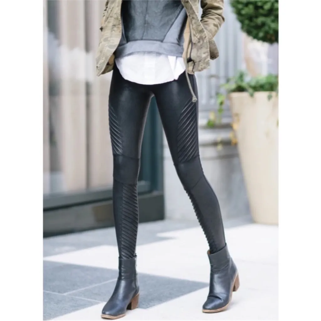 SPANX FAUX LEATHER MOTO LEGGINGS 20136R VERY BLACK SIZE XL - Image 3