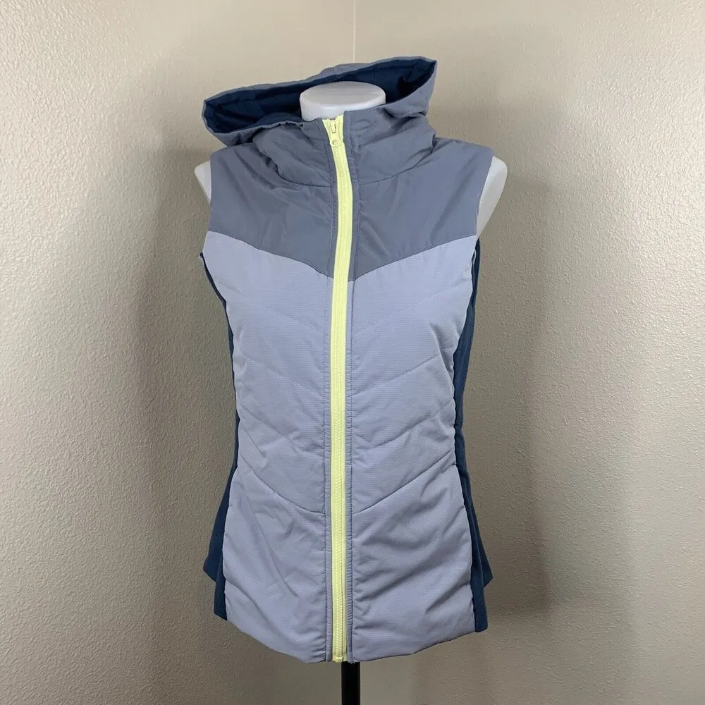 Women’s Sz S Blue Puff Vest Full Yellow Zip Hooded - Image 2