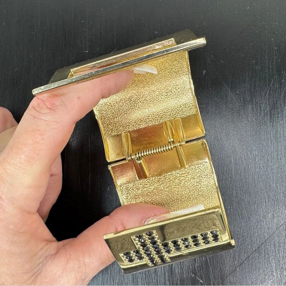 Gold Metal Black Rhinestone Cross Cuff Bracelet Chunky Wide - Image 10