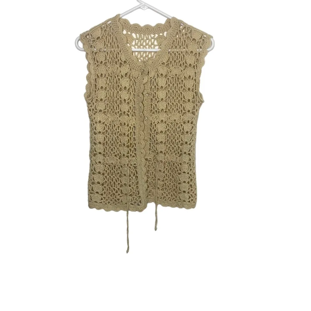 Vintage boho hand knit crochet vest tan N - Image 3