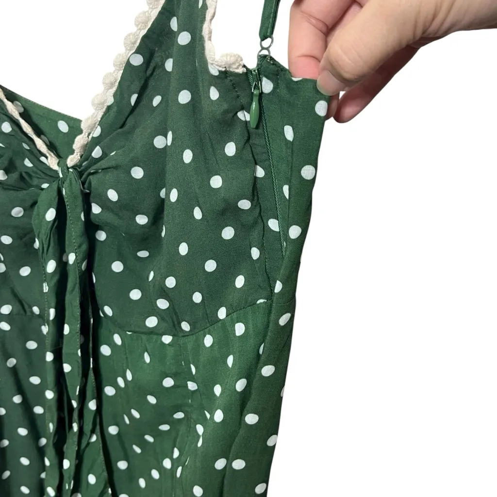 Agua Bendita Polka Dot Jumpsuit Women’s Small Green Keyhole Wide Leg Lace Trim - Image 9
