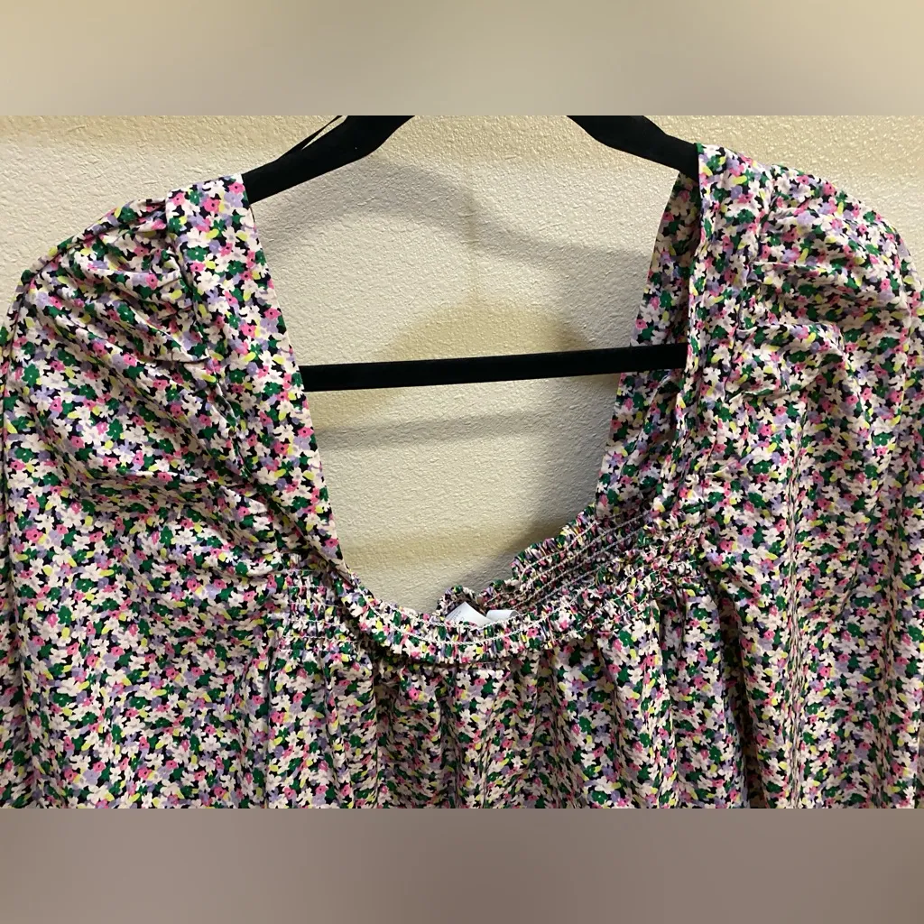 H&M Floral Square Neck Puff Sleeve Blouse Women's Sz XL White - Image 6