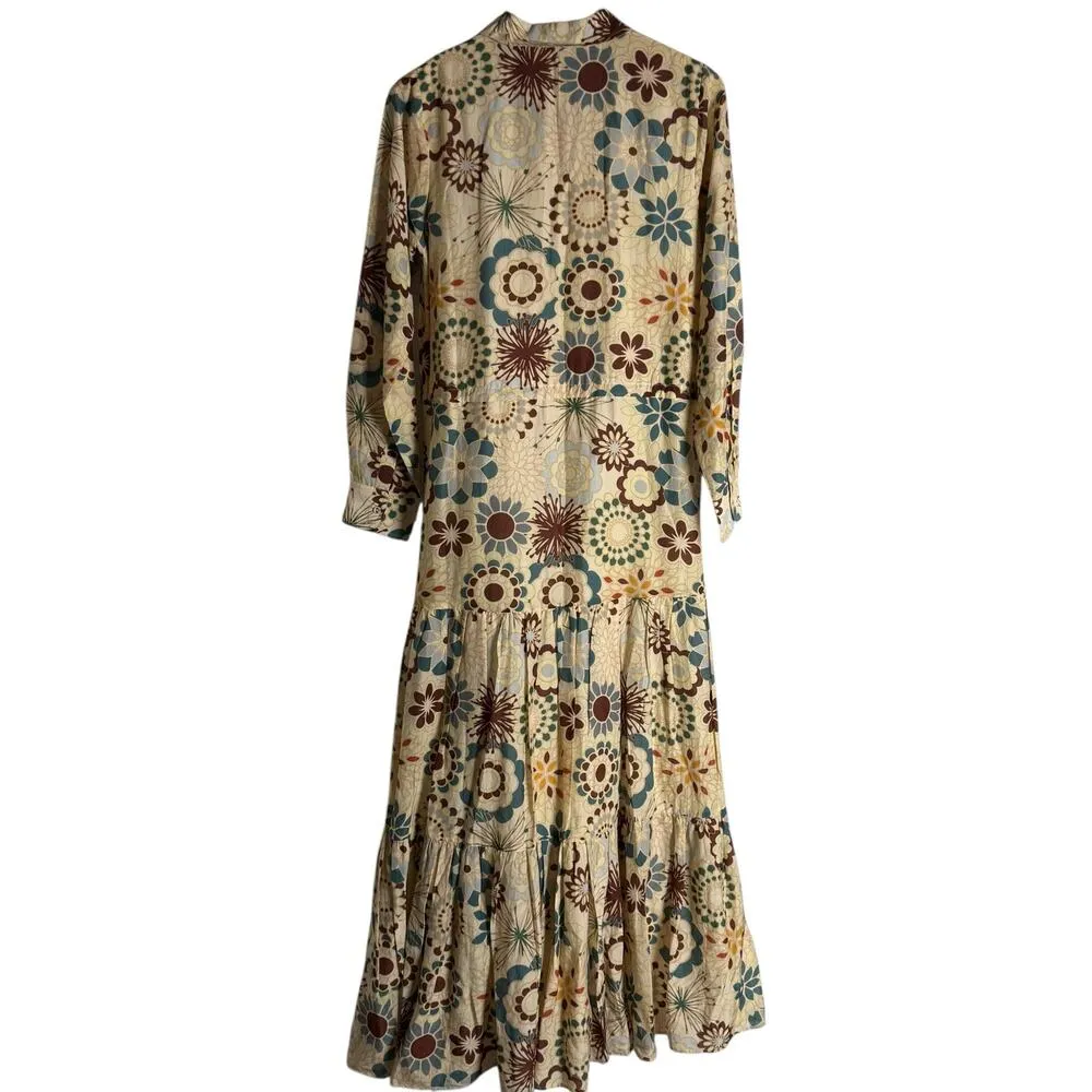 Carolina K Natalie Cream Floral Print Tiered Long Sleeve Maxi Shirt Dress Size S - Image 6