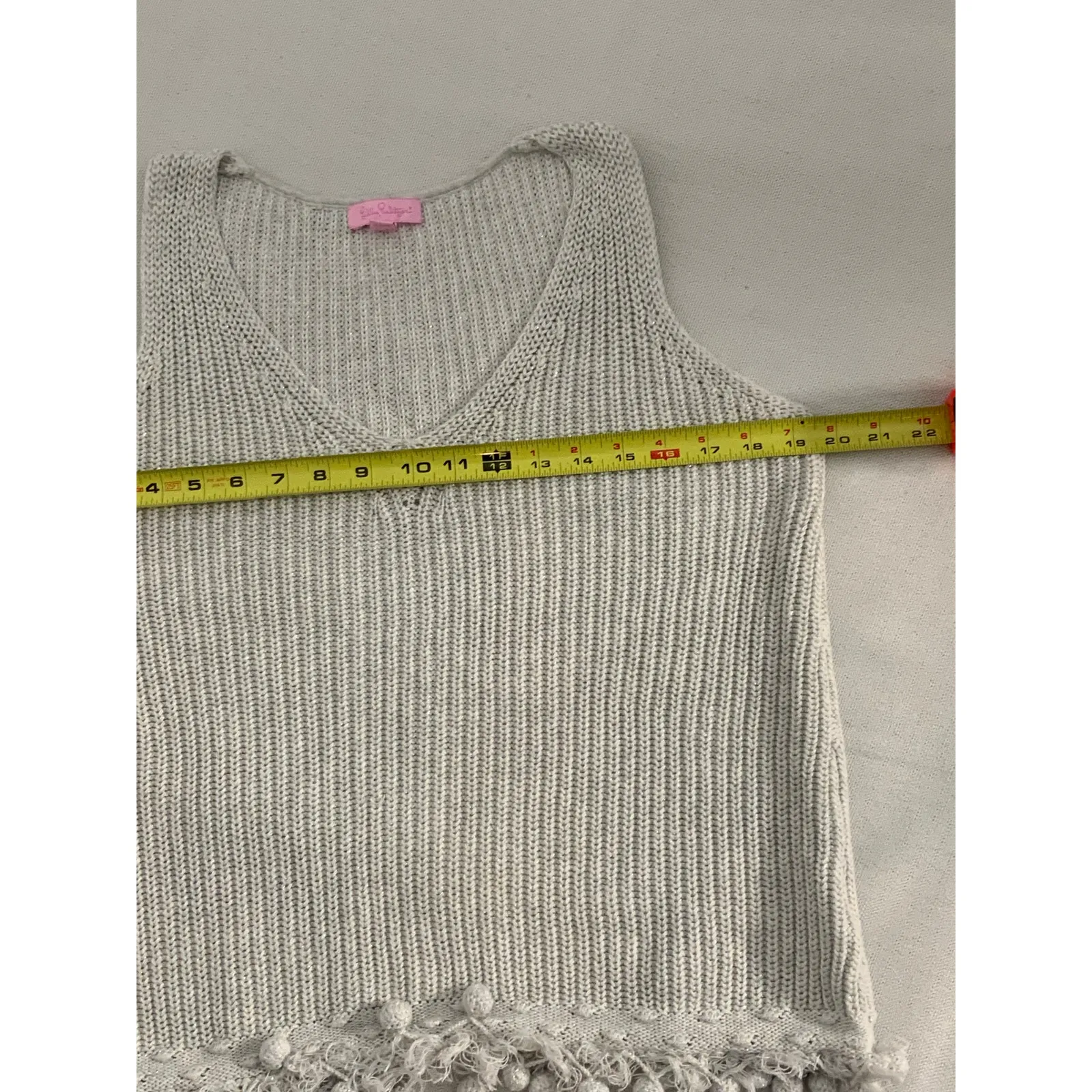 Lilly Pulitzer Jaya Sweater V Neck Pom Pom Tank Top Metallic‎ Grey Medium - Image 7