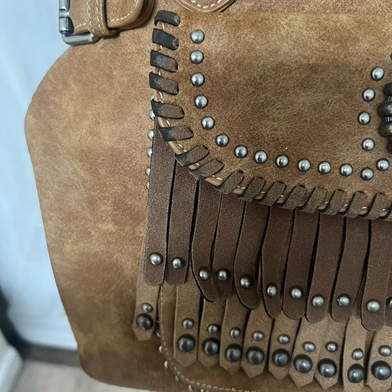 Montana West Western Boho Fringe Hand Bag Faux Leather Tan Choncho Medallion - Image 5