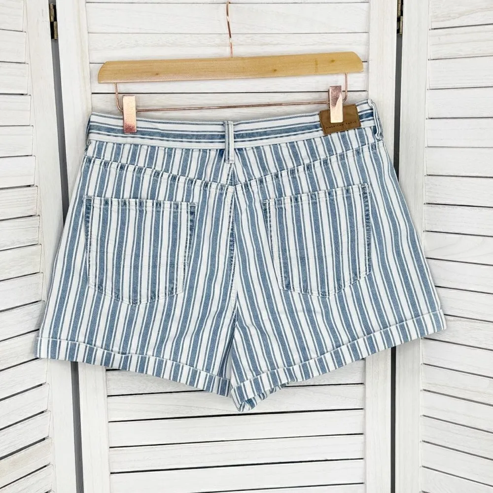 American Eagle Outfitters Striped High Rise Mom Jean Shorts Blue White 10 Cuffed - Image 3