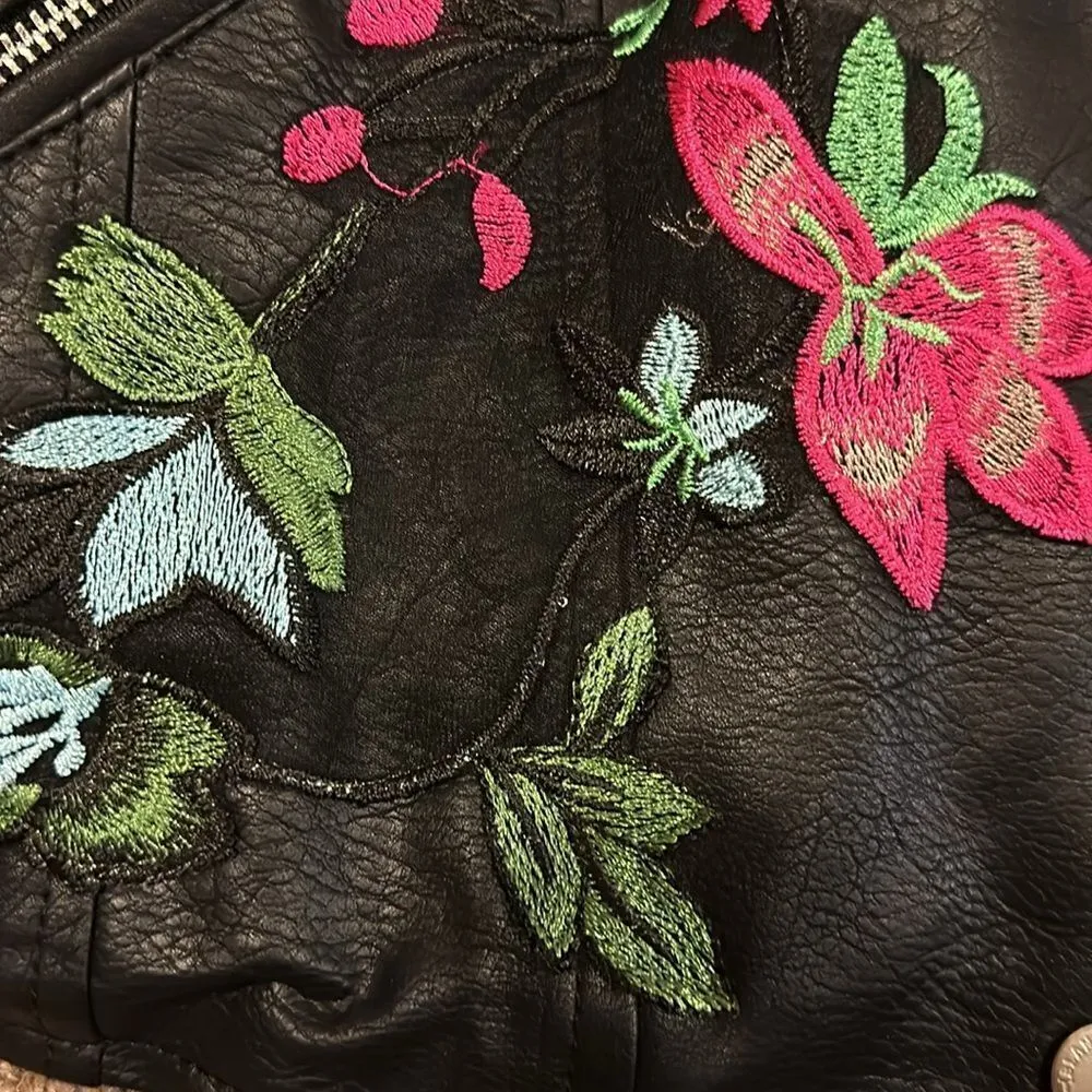 Blank NYC Faux Leather Motorcycle Jacket with Floral Patches - Size M - Image 4