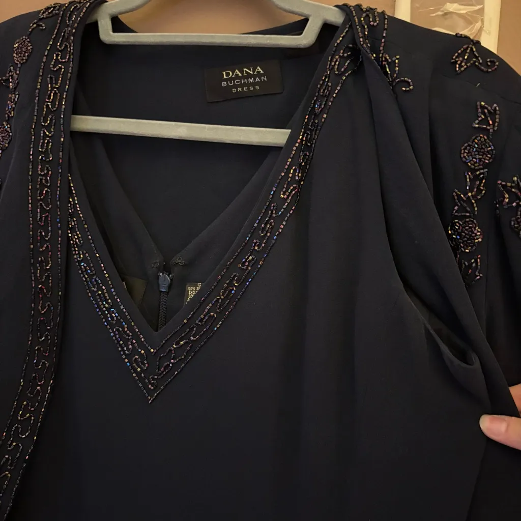 Dana Butchman 100% Silk vintage beaded iridescent maxi dress & jacket navy‎ 10 - Image 9