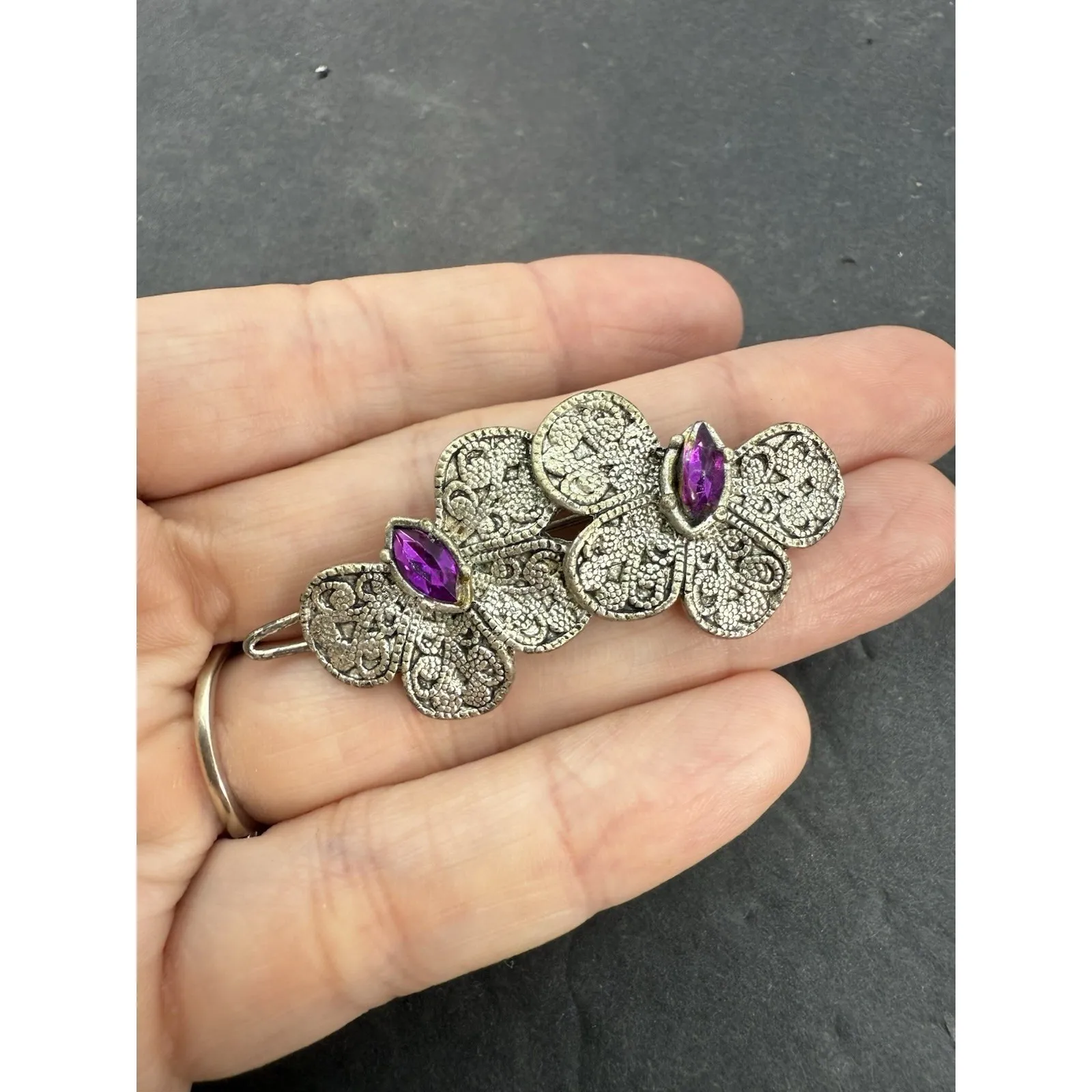 Lot Of 2 Vintage Butterfly Hair Barrette Clip Purple Enamel Rhinestones Silver - Image 4
