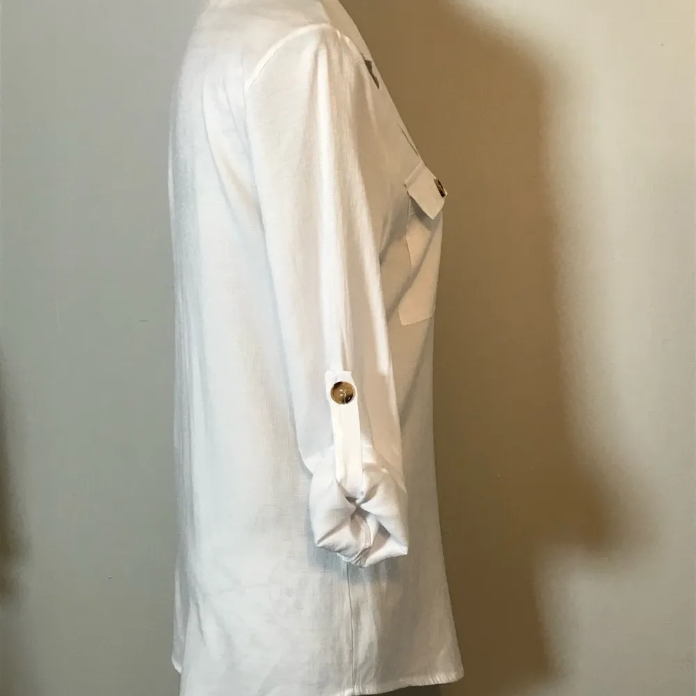 WHITE TEXTURED LONG SLEEVE BUTTON DOWN LINEN LIKE TOP w/ROLL TAB SLEEVES SZ. LG - Image 5