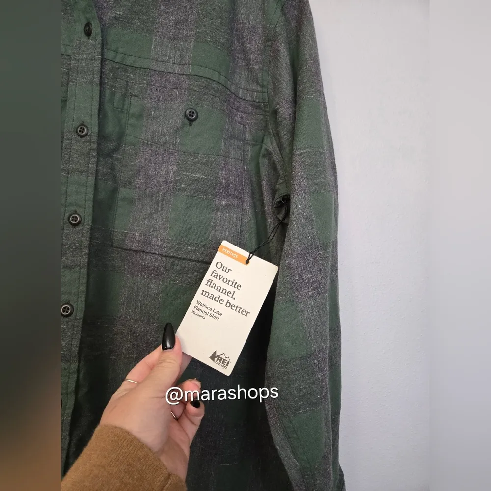 REI Co-op Wallace Lake Flannel Green Gray Plaid Shirt Women's - Image 3