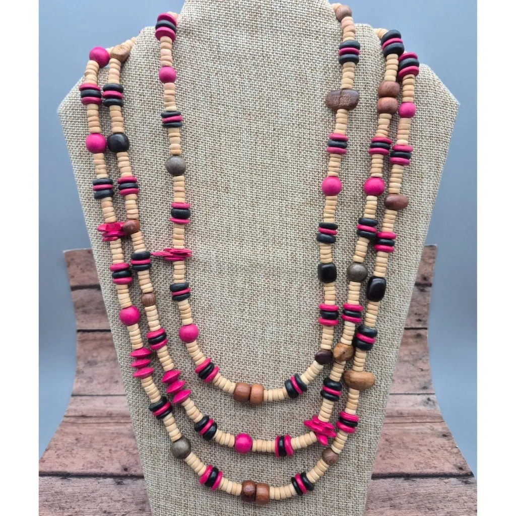 Vintage Artisan Boho Multi-Strand Wood Beaded Necklace Chunky Pink Brown Tribal - Image 4
