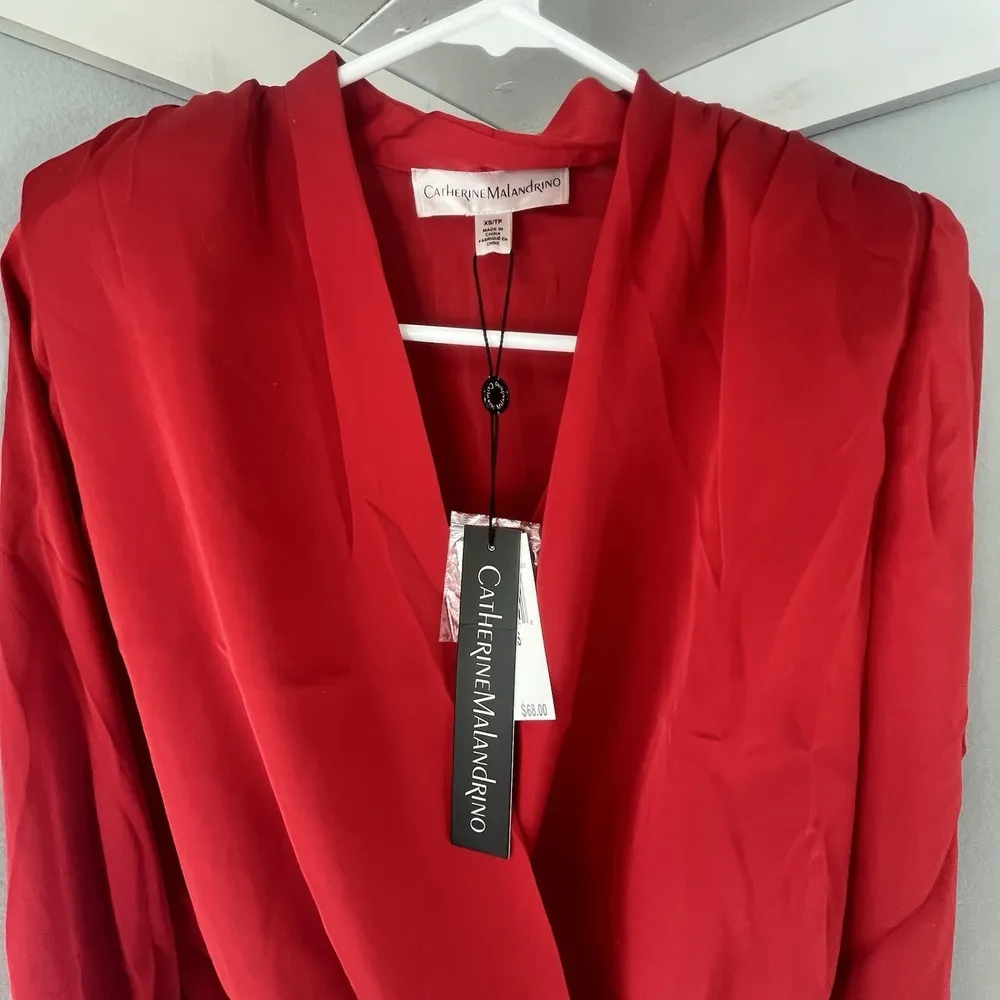 Catherine Maladrino Embellished Cuff Red Satin Wrap Top Size XS - Image 3