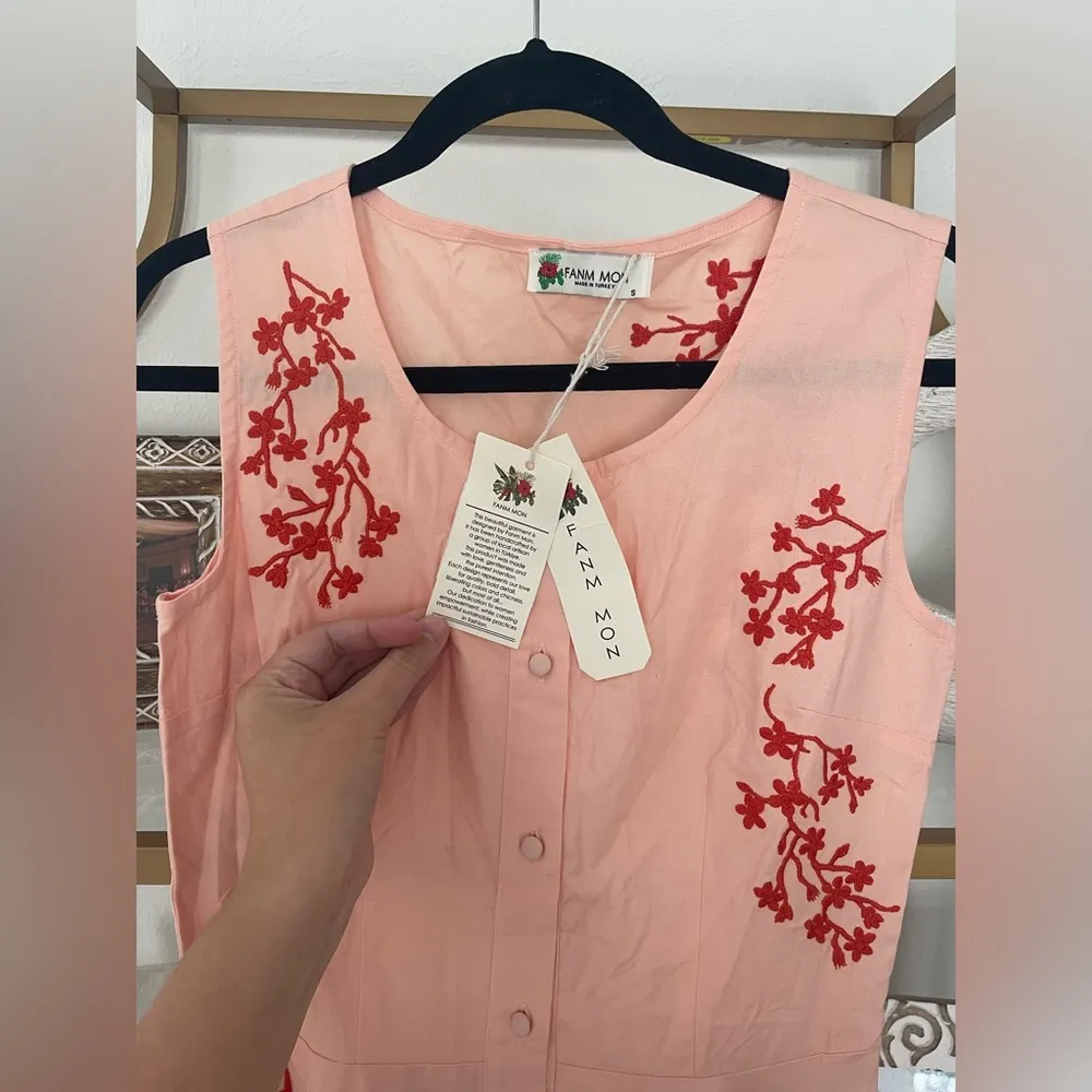 NWT Fanm Mon Nirva Maxi Dress Marassa Peach size Small S Embroidered Sleeveless Pink - Image 3