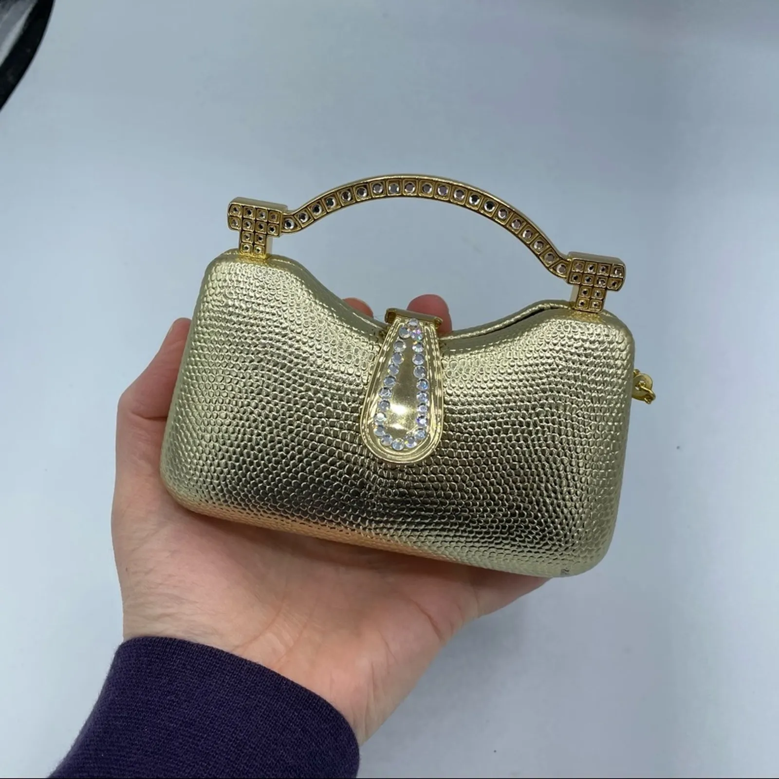 Gold Mini Baby Crossbody Handbag With Rhinestones Y2K Hard Shell Chain Strap - Image 3