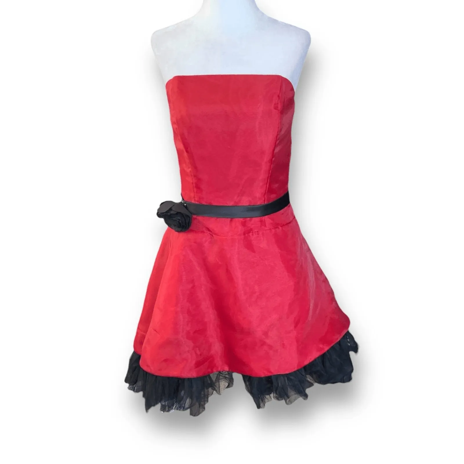 Vintage Eden Maids Red Strapless Fit Flare Mini Dress Black Tulle 6 Dark Romance - Image 11
