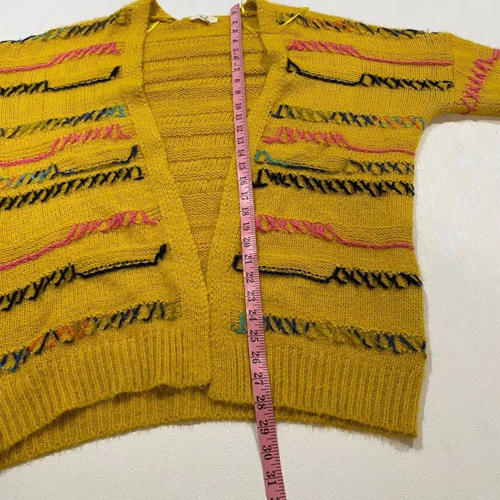 Easel Los Angeles Mustard Yellow Chunky Knit Cardigan Boho Embroidered Size S - Image 6