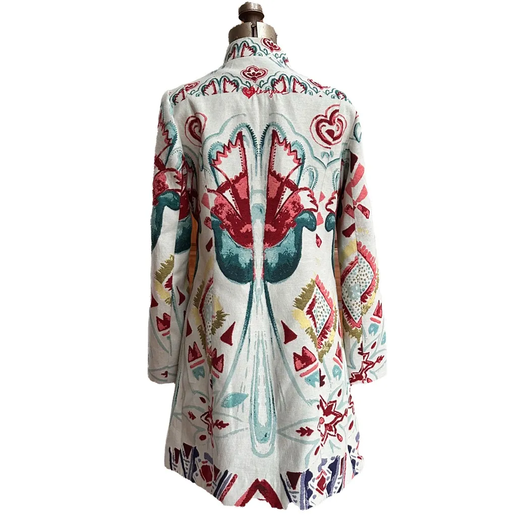 Desigual  Aztec Boho Patterned Trench Coat Button Front Mid Length - Image 2