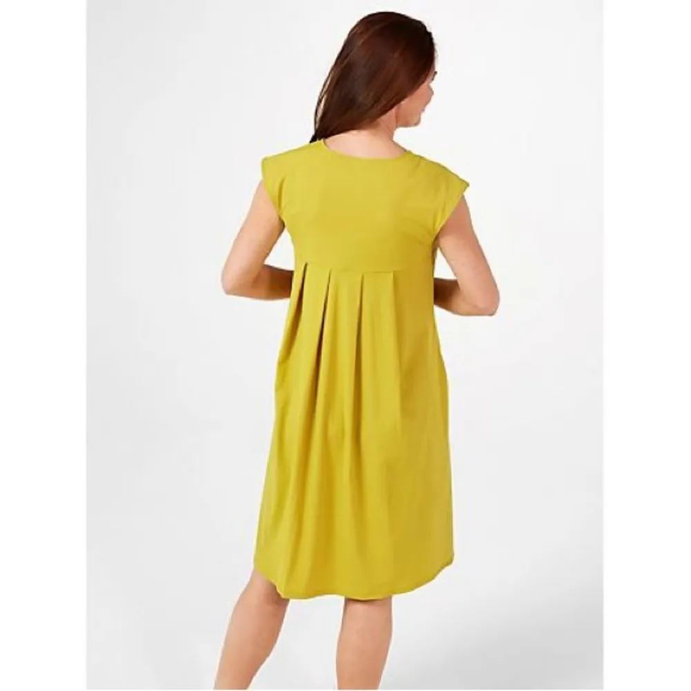 WynneLayers Stretch Tech Midi Pleat Back Dress 1X Chartreuse Pockets Fit Flare Green - Image 2