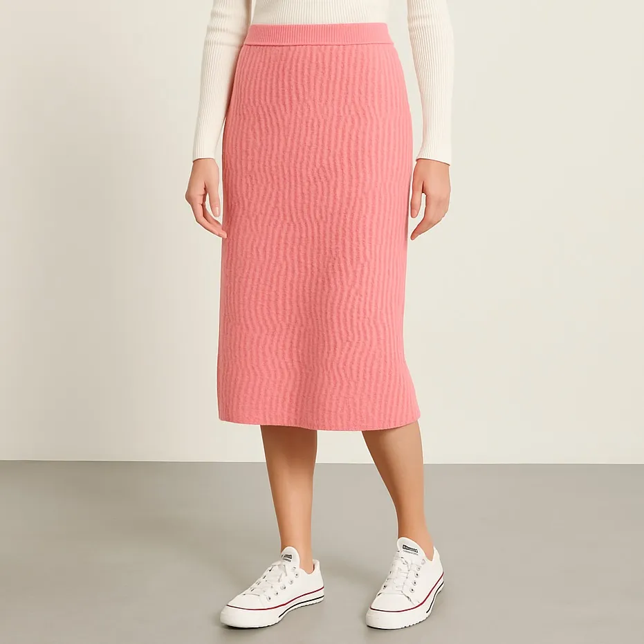 Visions Cable Knit Wool Angora Midi Skirt Pink Lambswool Made in UK Size Small - Image 8