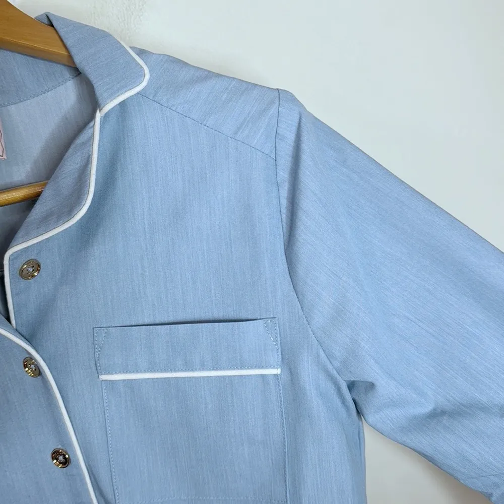 Buru Mel Denim Chambray Contrast Piping Button Down Blouse size XS Blue - Image 4