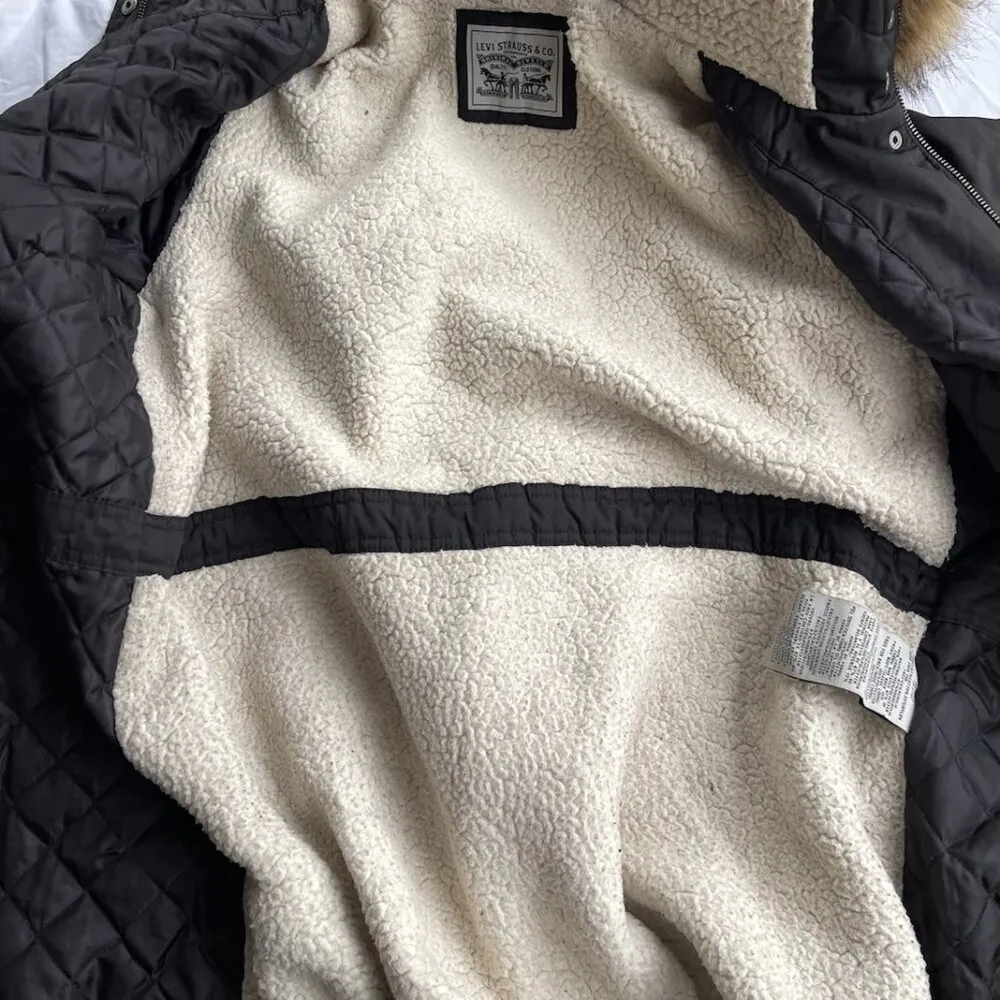 Levi's Women's Anorak Faux Fur Parka Sherpa Long Black Coat Jacket Size XL - Image 9