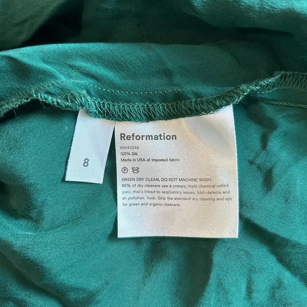 Reformation Forest Green Tie Straps Silk Cami Y2K V-Neck Shell Soft Size 8 - Image 3