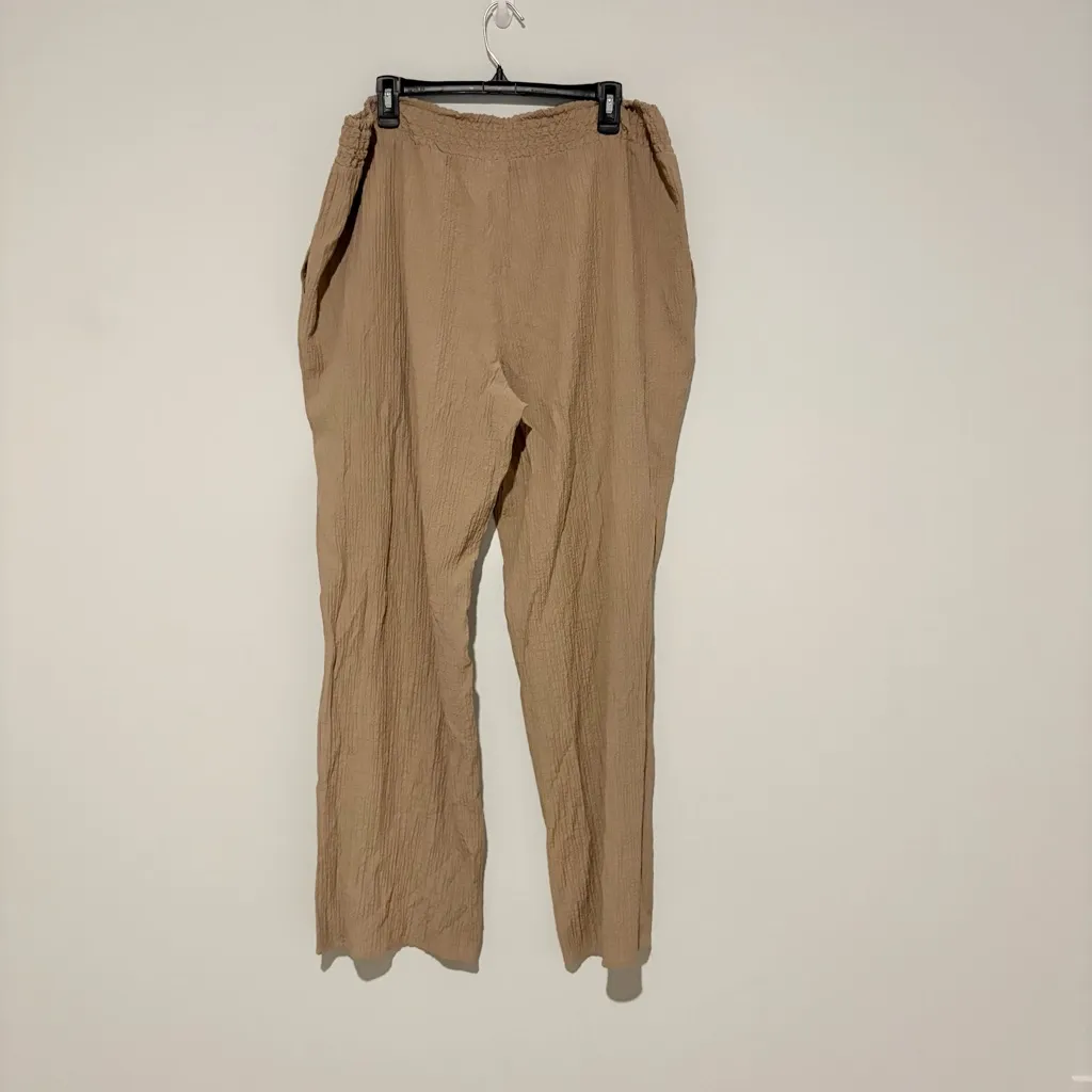 Coldwater creek smocked gauze textured pull on wide leg‎ pants tan beige size XL - Image 2