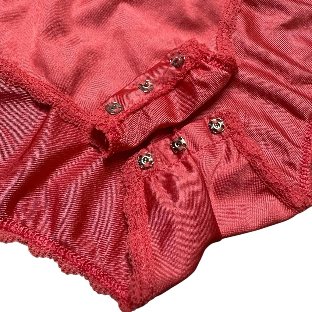 Vintage 80s Blush Nylon Satin Lace Coral Teddy Made In USA Size Large Lingerie - Image 5