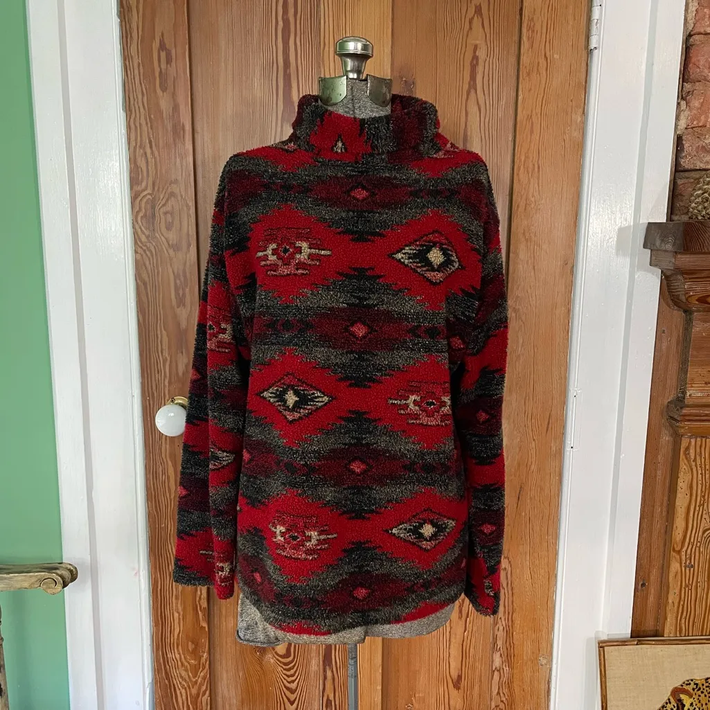 Vintage Polar Pals Southwestern Aztec Popcorn Fleece Turtleneck Sweater~Large Black - Image 2