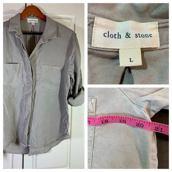 Cloth & Stone Split Back Button Down Shirt Women Large Minimalist Basics Neutral Tan - Image 2
