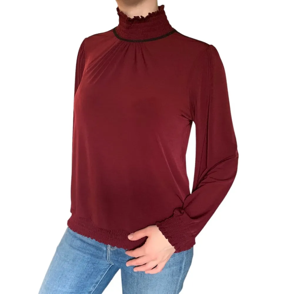 Karl Lagerfeld Paris Maroon Wine Red Cinch Smocked Mock Neck Blouse Top - Image 5