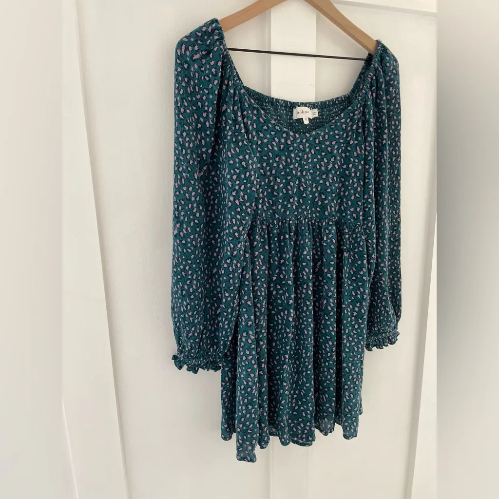 BOHME Leopard Animal Print Puff Sleeve Smocked Sweetheart Mini Dress Size M - Image 4