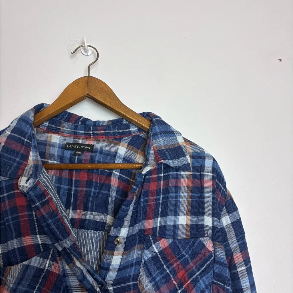 Lane Bryant Navy Blue Red Plaid Double Layer Thick Button-Up Shirt - Image 4