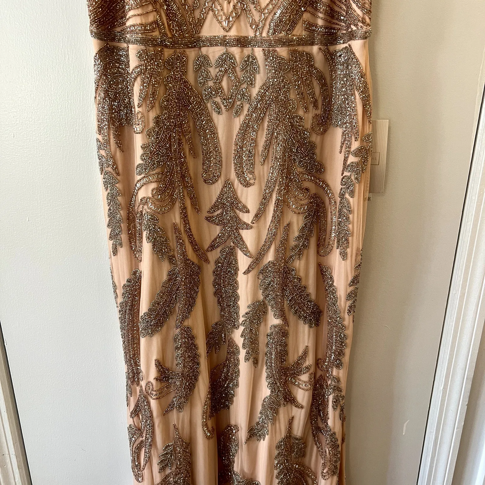 Mac Duggal 6015 V neck Sequin Embellished Gown Apricot Pink size 14 - Image 5