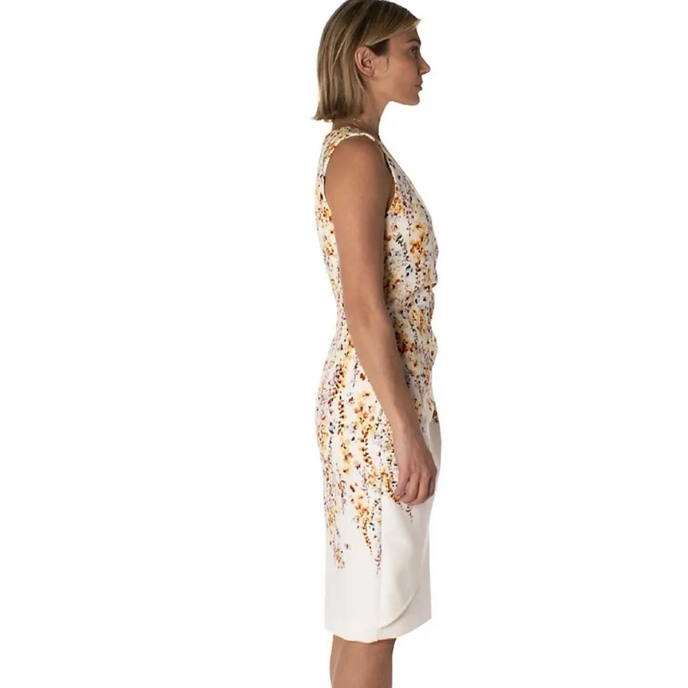 Maison Tara Claire Cream Sleeveless Faux Wrap Floral Shift Midi Dress NEW Yellow Size 12 - Image 3