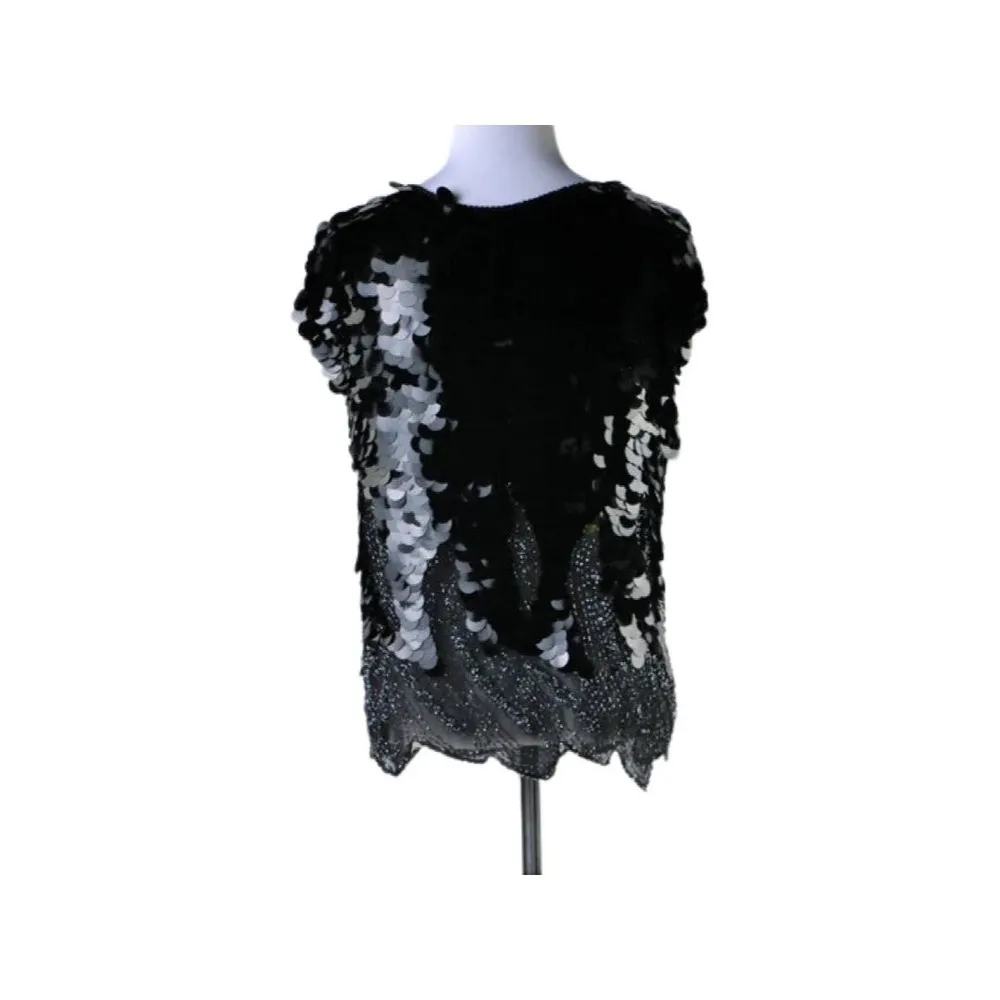 Vintage Black Silk Top with Beading, Large Sequin Discs Size Large - Image 3