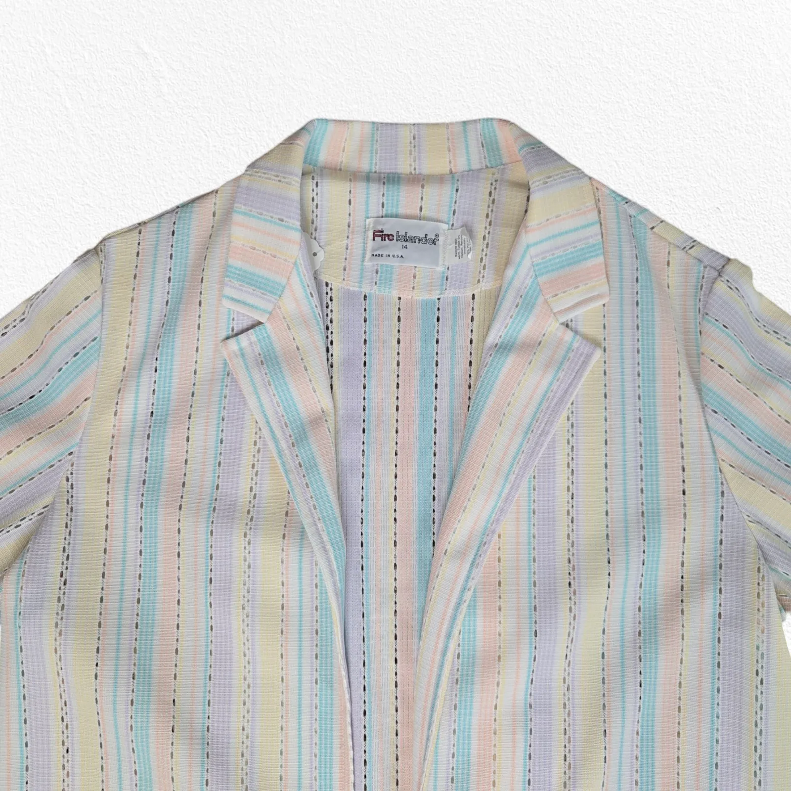 1970s Vintage Pastel Striped Blazer Jacket Polyester Openwork USA Made Size 12 White - Image 3