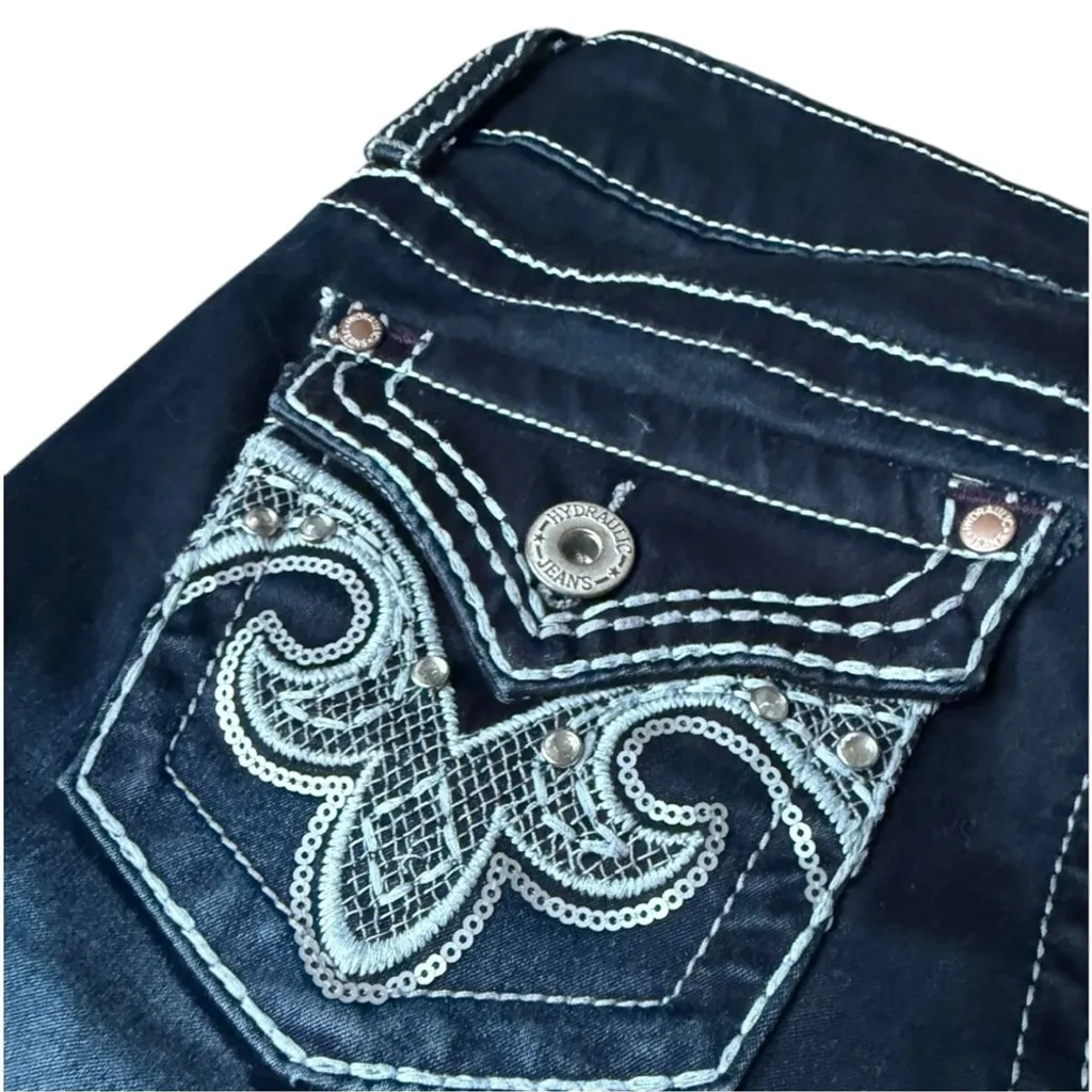 Vintage Y2K Hydraulic Low Rise Dark Wash Denim Jeans Size 7/8 - Image 4