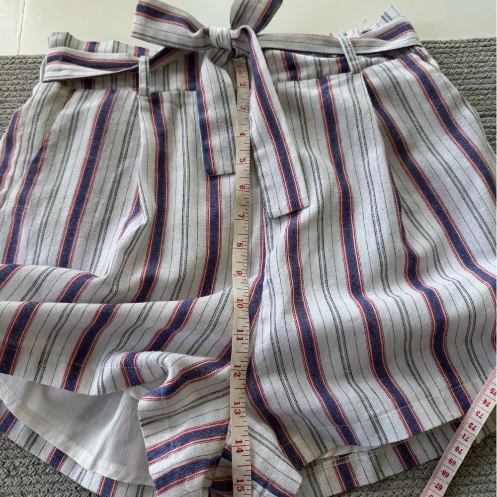 Red White Blue Striped Linen Blend Tie Waist Shorts Size Large - Image 4