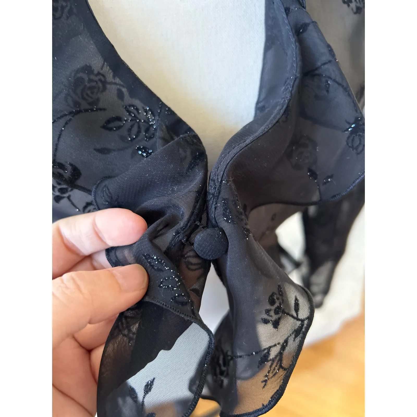 Vintage 90s Black Sheer Floral Ruffle Sparkle Cardigan Whimsygoth Regency Fairy - Image 5