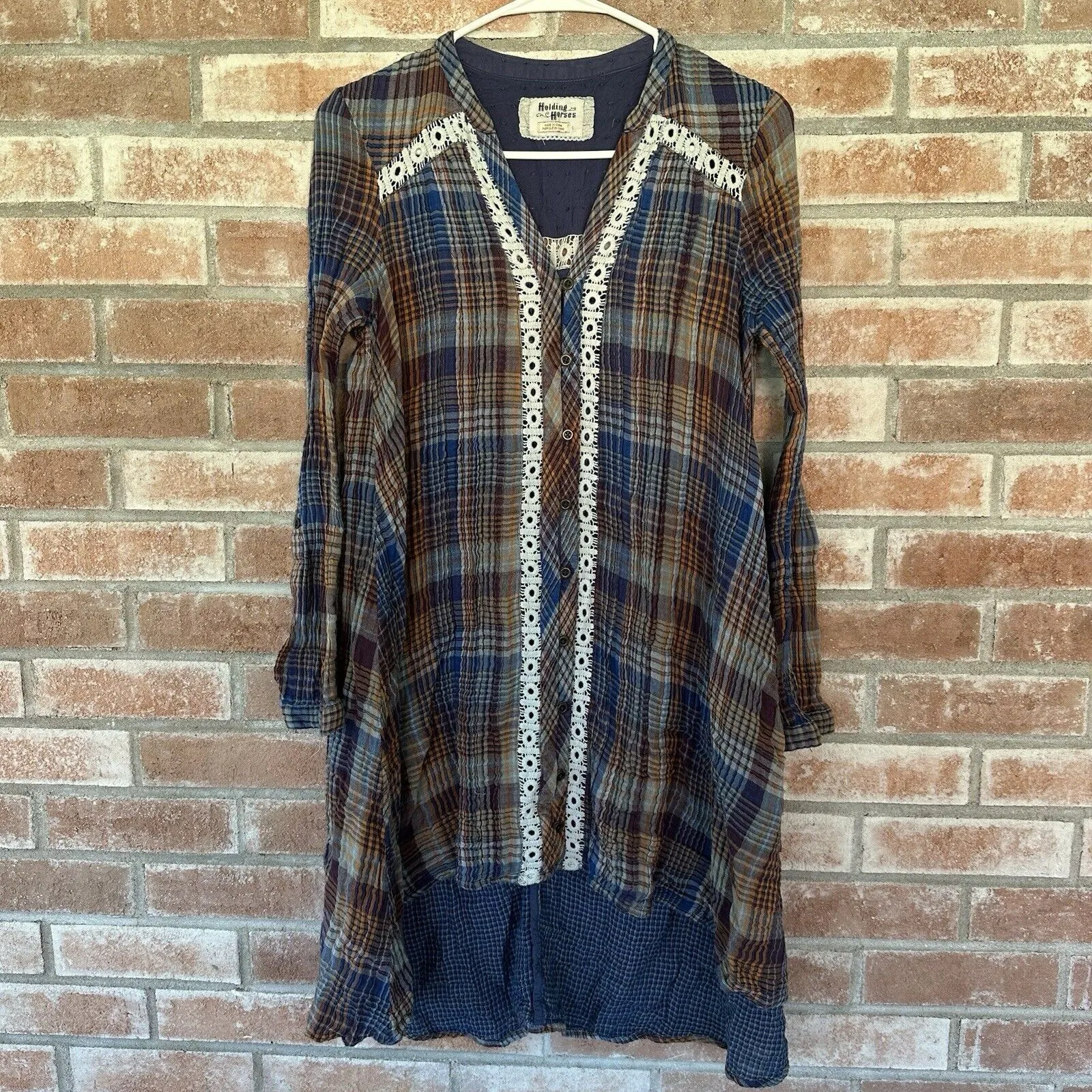 Holding Horses Anthropologie Plaid Tunic High Low Dress Small - Image 3