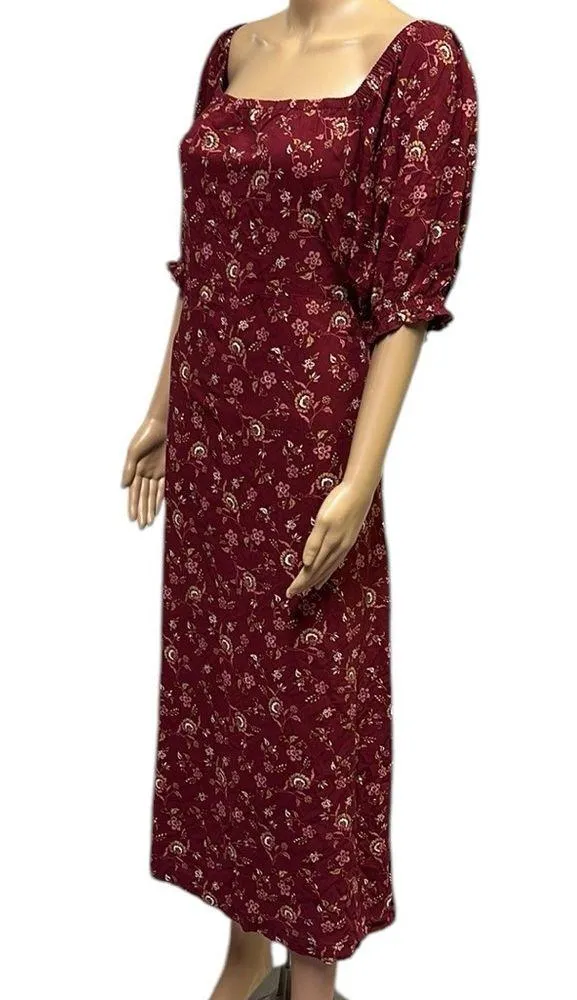 Mod Lusive Rayon Burgundy Floral Print Smocked Back Puff Sleeve Maxi Dress XL Red - Image 5