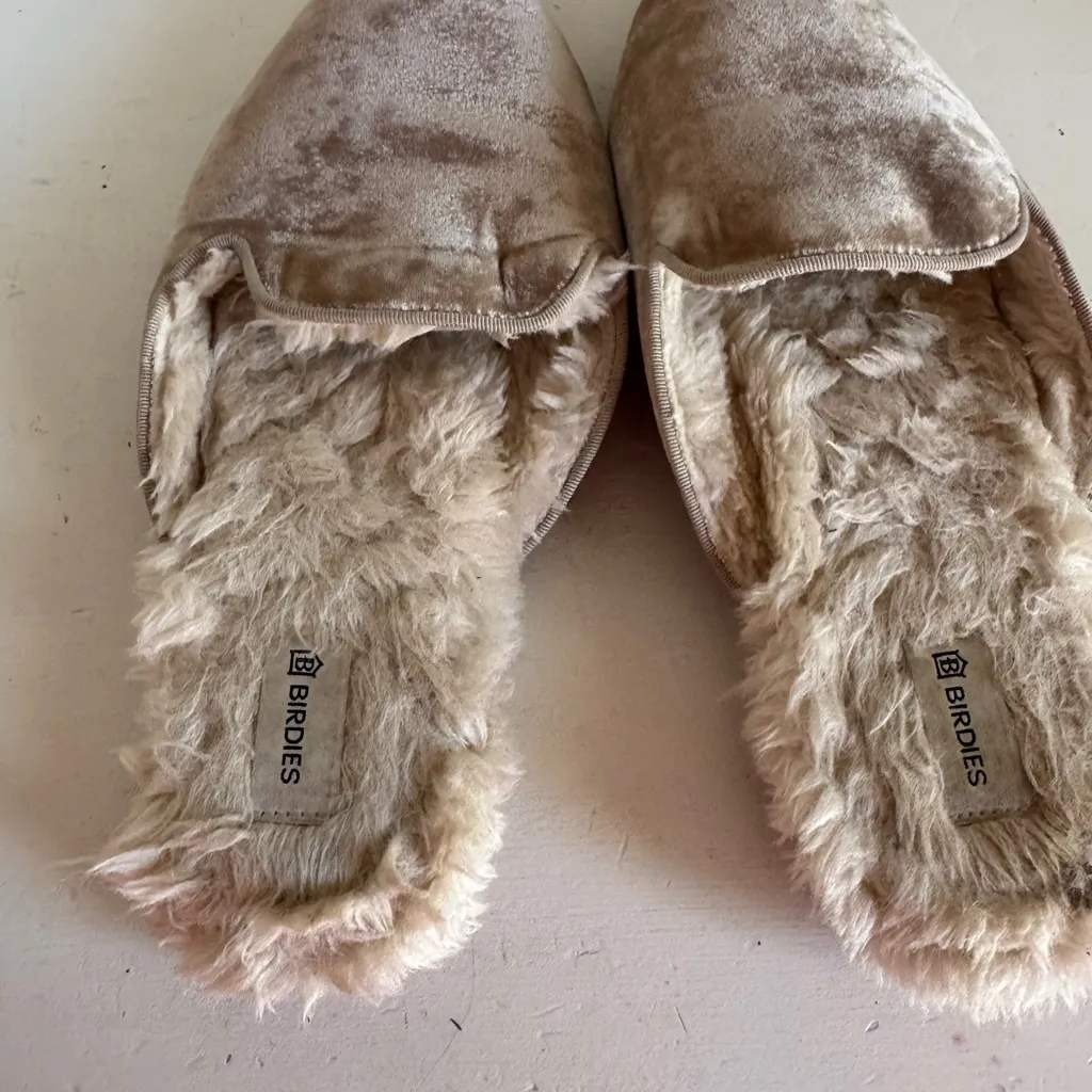 Birdies The Phoebe tan velvet faux fur mules size 6.5 - Image 5