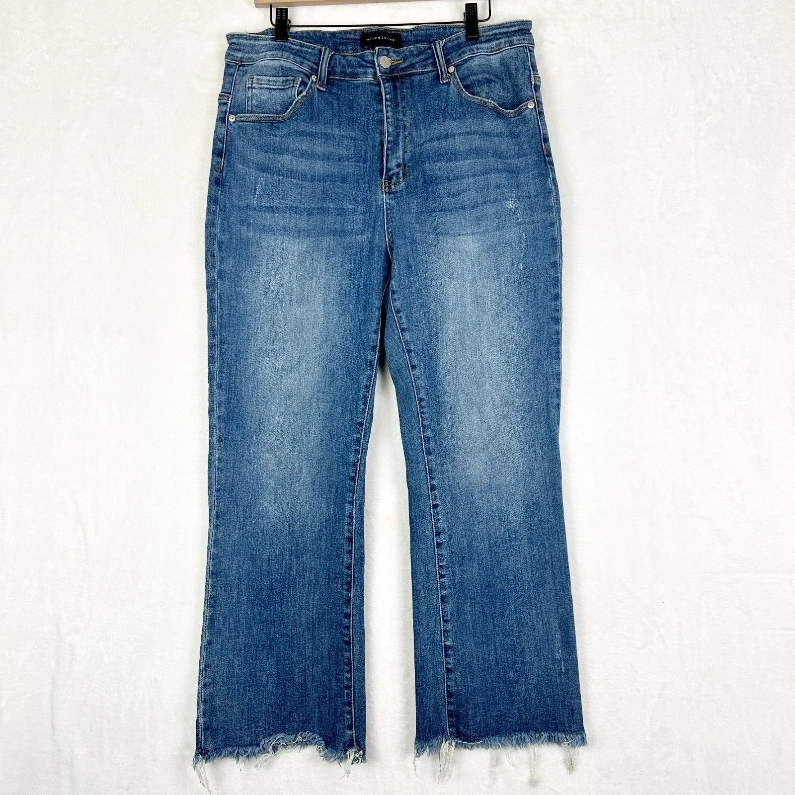 Risen Jeans Straight Leg Raw Hem Jeans Size 1XL Medium Wash Stretch Blue - Image 3