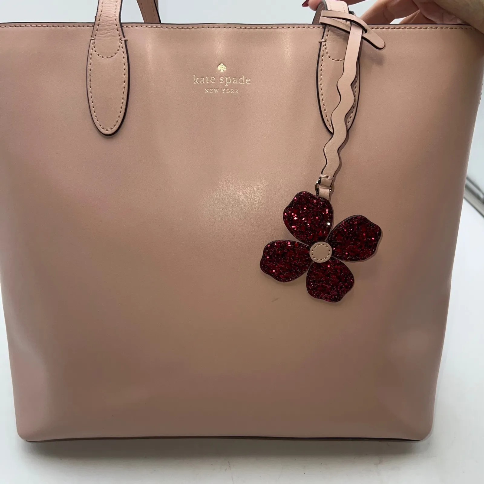 Kate Spade New York Blush Pink Leather Tote Bag With Glitter Flower Charm - Image 3