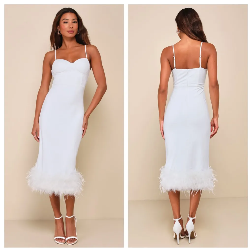 Lulus Passion for Glamour White Sleeveless Bustier Feather
Midi Dress - Image 2